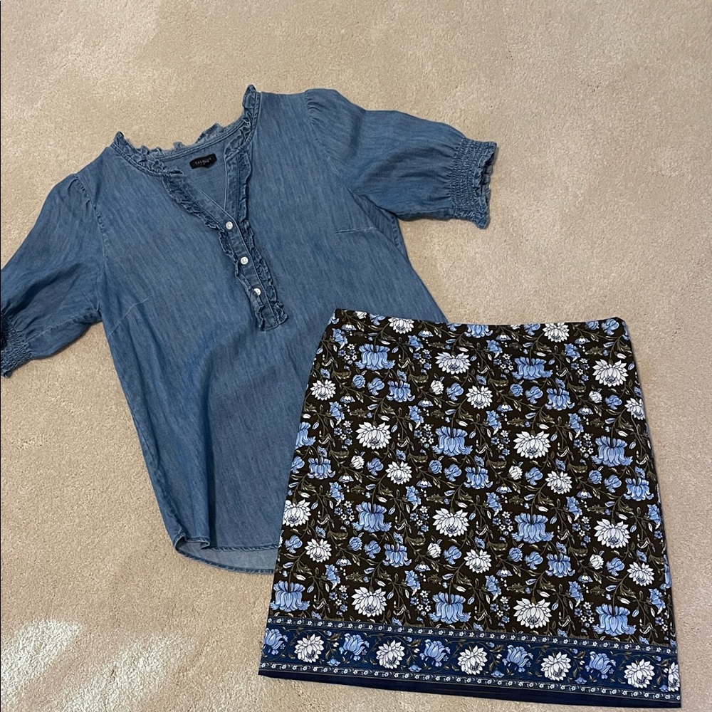 Talbots Floral Skirt with Blue and White Accents and matching denim color top